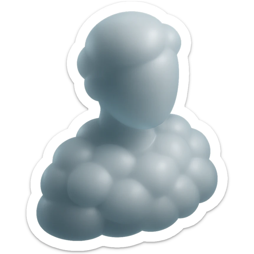 person made entirely of bright, convex clouds up to the shoulders, looking straight, matte glass style sticker