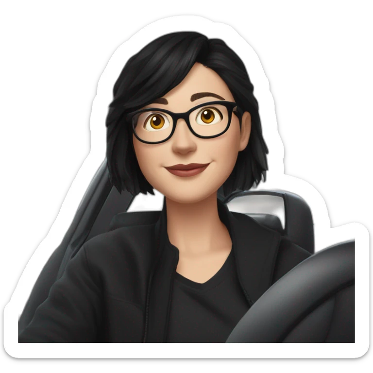 middle-age-lean-white-girl,no-facial-hair,-with-black-hair-&-glasses-wearing-black-Tesla-T-shirt,-inside-black-tesla-model-3, at the wheel, front view sticker