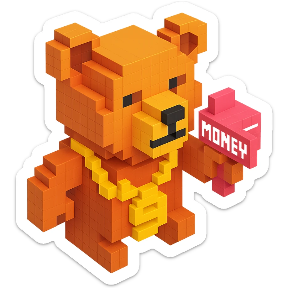 Russian grizzly bear wearing a rapper chain and holding a money gun sticker