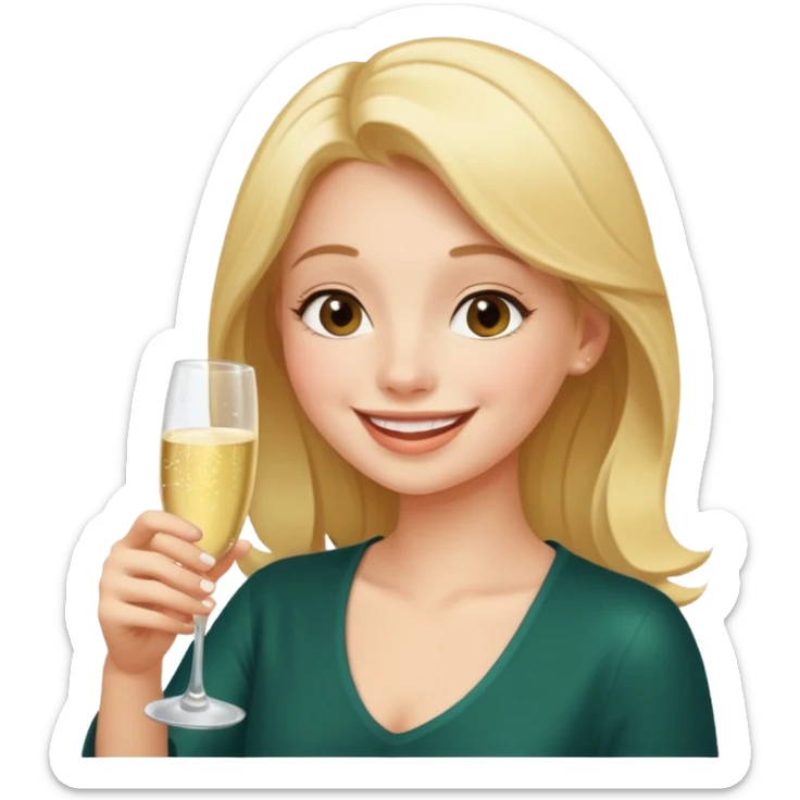 A shy young woman gently takes her first small sip of champagne, smiling with excitement. sticker
