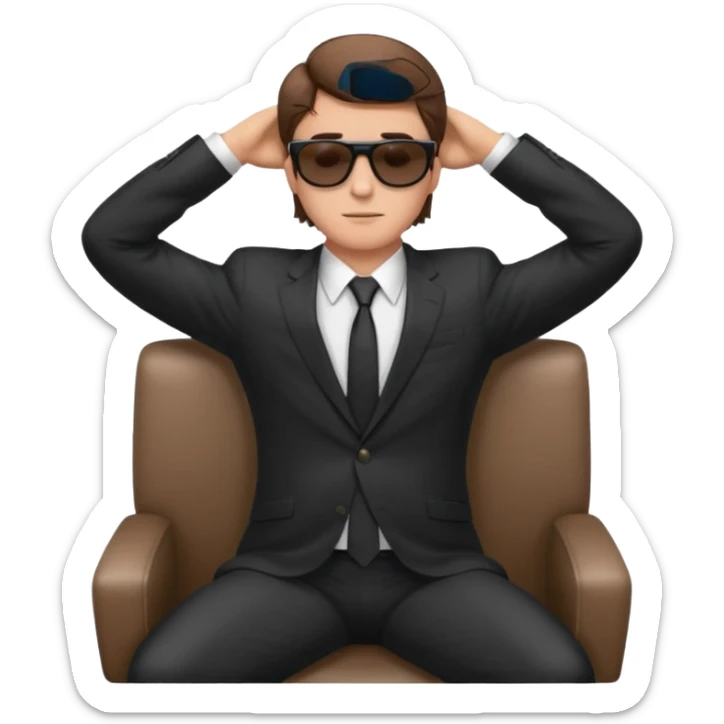white man with brown hairs in formal suit wearing sunglasses resting with hands behind head sticker