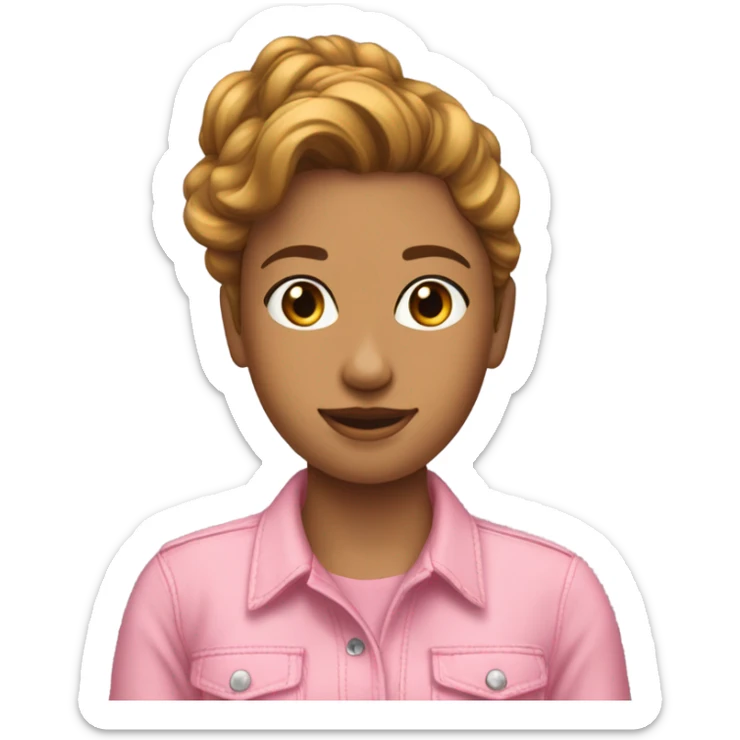 Una chica con pelo ondulado con una blusa rosa y un cháquelo de jean  sticker