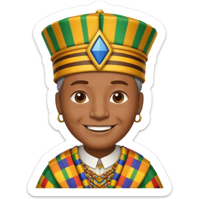 Create an emoji of an old African king wearing kente cloth and white shirt with an african kufi hat sticker