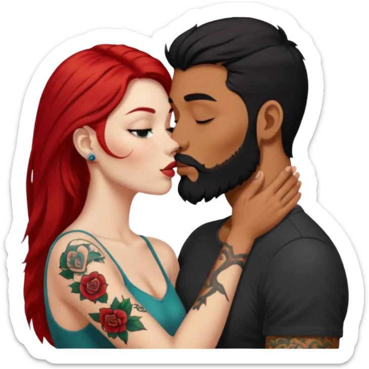 Long red hair woman with white skin kissing man with tan skin, short black hair, beard, & tattoos sticker