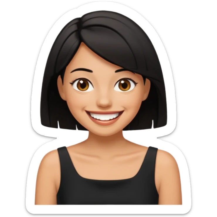 black short shoulder length hair tanned woman, black dress doing girly things sticker