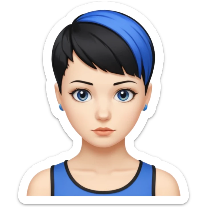 frau freche extreme schwarze Kurzhaarfrisur eine Seite wirklich fast keine Haare andere Seite mit blauer Strähne kurze Seite noch viel kürzer sticker