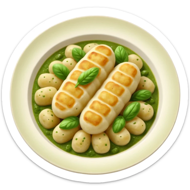 Gnocchi Cinematic Realistic Gnocchi Dish Emoji, depicted as tender oblong potato gnocchi garnished with iconic fork marks on top, rendered with soft textures and warm, inviting lighting. add green  sauce on top sticker