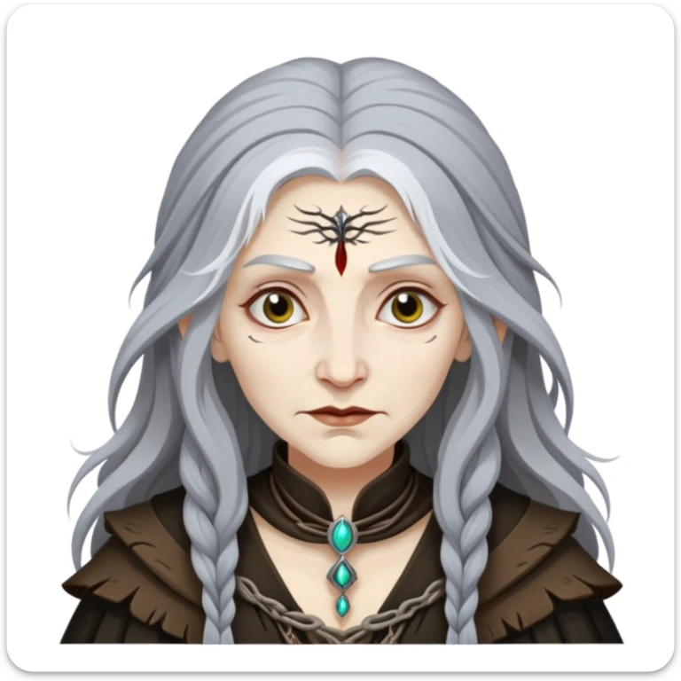 Baba Yaga sorceress woman with long wild hair, forest background sticker