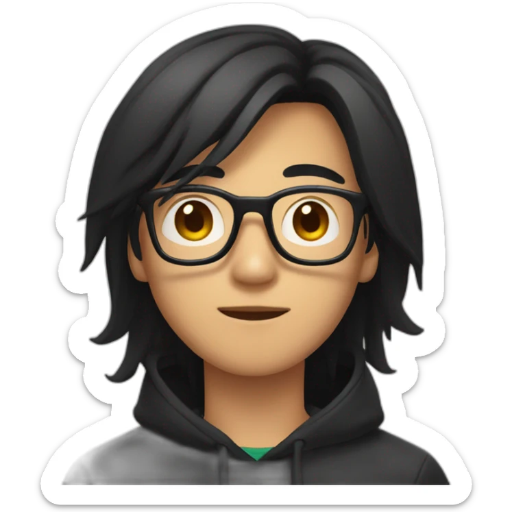 Asian Guy with long black hair and square glasses and black hoodie sticker