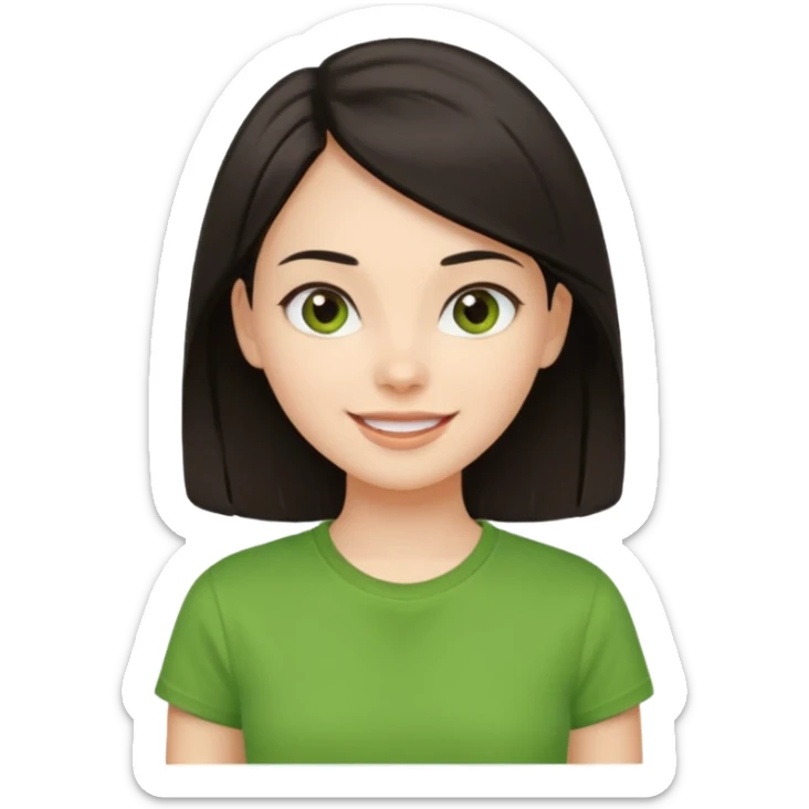 Young girl with straight, dark hair, well-groomed and pretty, wearing a green T-shirt, with a happy and lively expression. sticker