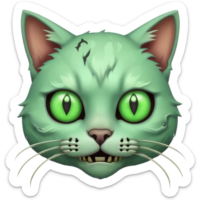 zombie cat portrait, head and shoulders only, pale fur, cracked skin patches, eerie glowing eyes, mischievous undead vibe, 3D cartoon, mobile game icon style, clean background, no text, no watermark
 sticker