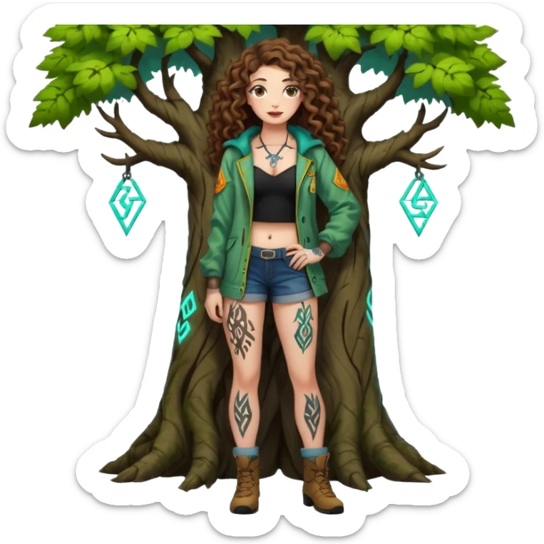 full body view of a woman with long curly brown hair, brown eyes, white skin, tattoos, leaning against a tree covered in neon runes, open forest jacket, flirty confident stance sticker