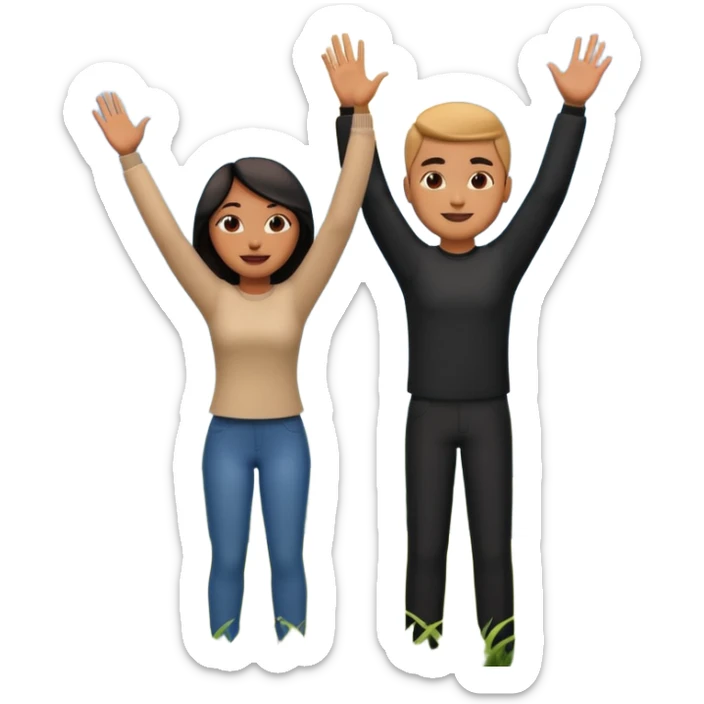 A 3D cartoon couple on top of a hill raising hands in victory, sunny sky and nature background, Memoji-style. inside photo frame. sticker