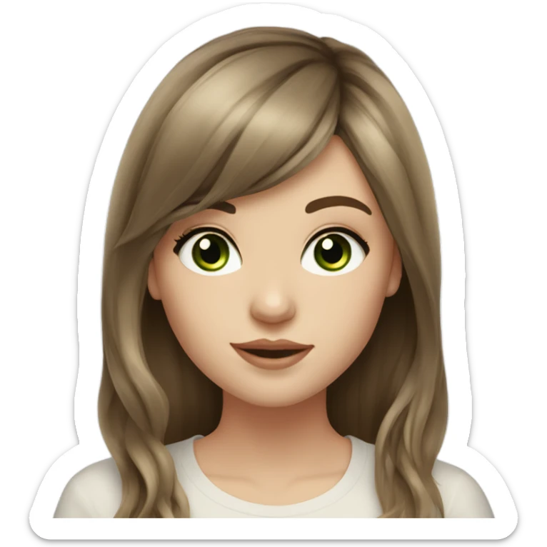 White girl with long voluminous brown hair with brown highlights balayage, green eyes and bangs sticker