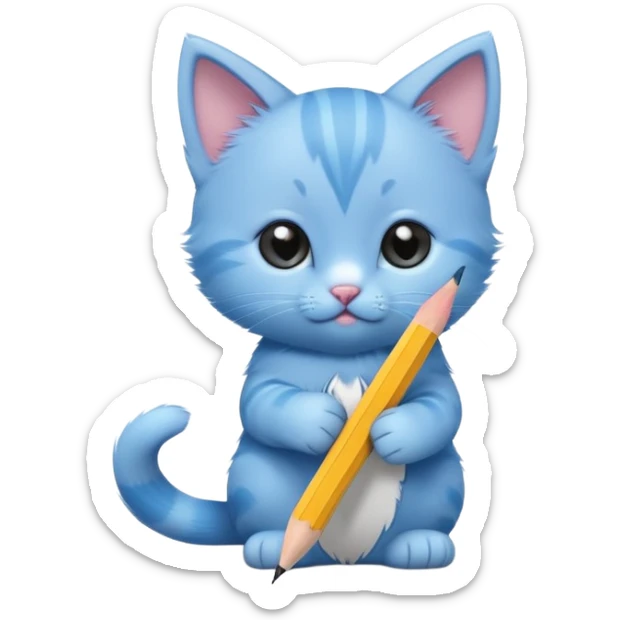 Close-up of a cute blue kitten holding a pencil in its paw, writing something. The pencil is sharpened on only one side. Minimalist design with a focus on the kitten and the pencil, minimal details sticker