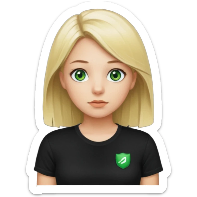 Girl with green eyes, blonde with straight medium length hair, and front buckles to the chin, in a black skims t-shirt sticker