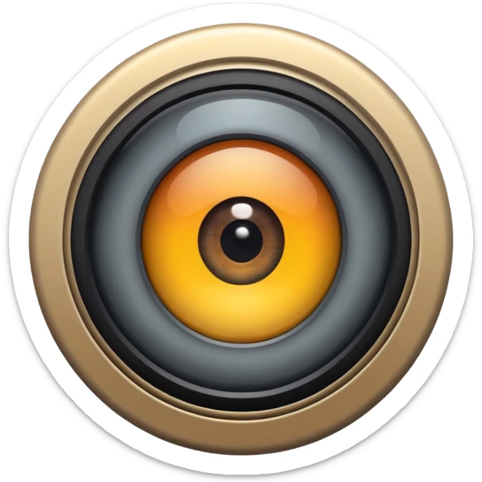 Minimalist emoji-style sticker of a wide camera lens with a human-like eye inside. Gray tones with strong contrast. sticker