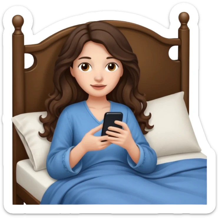 Brunette woman long wavy hair in bed with one hand holding her phone and the other hand under the covers sticker