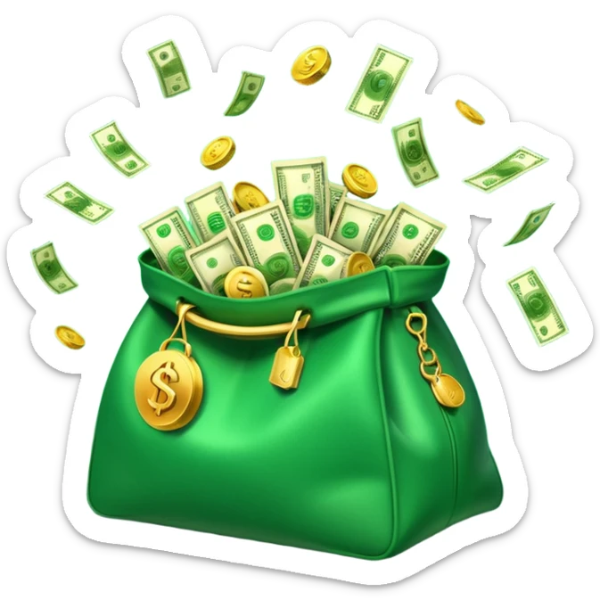 

3D emoji style, big bag of money, flying dollar bills, rich casino vibe, smooth lighting, high detail, clean edges, transparent background



 sticker