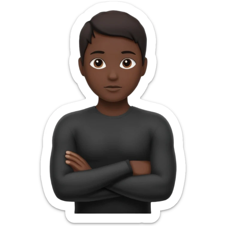Minimalist human silhouette, upper body only, arms crossed, no facial features, solid dark shape, flat icon style, centered, transparent background sticker