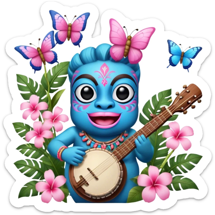 Pixar style little Blue and pink tiki singing with a butterfly, banjo, and tropical flowers, ultra detailed and lifelike imagery, realistic sticker