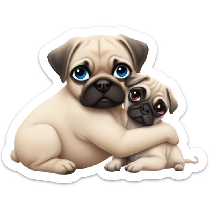 1 Baby pug with big blue eyes hugging a baby pug with pink eyes  sticker