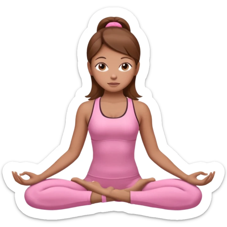 Generate a girl in a yoga pose. She is wearing a pink suit and has brown hair. sticker