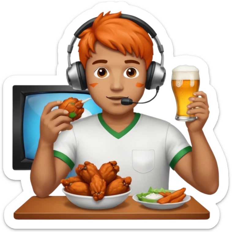 Football and tv and buffalo wings and beer and Xbox and a man with headset sticker