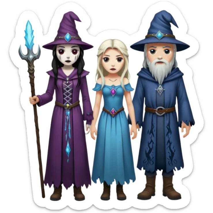 An attractive Alaskan princess, full body, Standing next to a wizard In the style of your bleeding skull art. Dark gritty and menacing  sticker