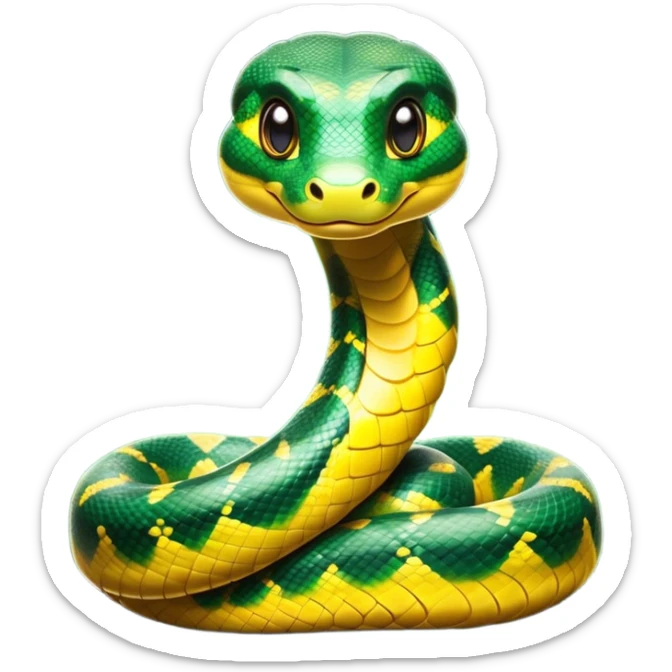 Cinematic Cute Anaconda Portrait Emoji, Head tilted playfully and inquisitively, with a sleek, shimmering body adorned with detailed scale patterns and round, sparkling eyes full of wonder, Simplified yet irresistibly adorable features, highly detailed, glowing with a warm, friendly jungle glow, high shine, affectionate and lively, stylized with a touch of whimsical reptilian charm, soft glowing outline, capturing the essence of a mischievous serpent that feels like it could slither out of the screen into your arms! sticker
