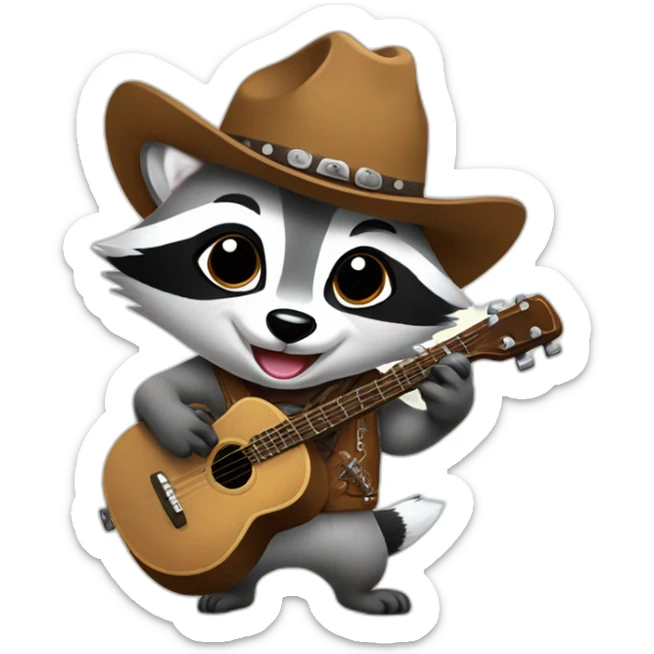 Raccoon with cowboy hat holding back tears and smiling and playing banjo sticker