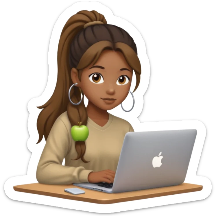 cute black girl with long hair in a ponytail, sitting at an Apple laptop, wearing soft aesthetic clothing sticker