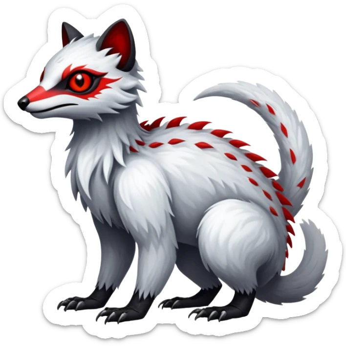a white and silvery exotic edgy vernid-fionbr-Fakémon-creature, with black belly and red eyes, full body sticker