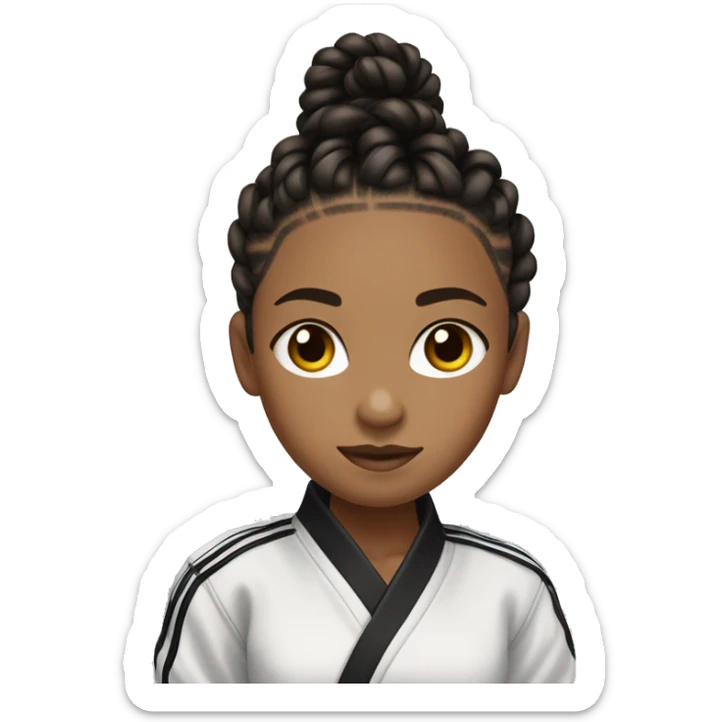 girl with african american braids that have curls on the end wearing a taekwondo jacket and a black belt. her braids should be tied into a high pointy tail and two curly strands in the front of her face, framing her face. sticker