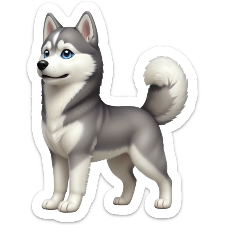 cinematic-[siberian husky]-realistic-full-body-standing-emoji,-tail-resting-loosely-beside-its-paws,-head-tilted-dramatically, -fluffy-[grey and white]-fur,-simplified-yet-realistic-focused-features,-highly-detailed,-glowing-with-an-almost-sarcastic-glow sticker