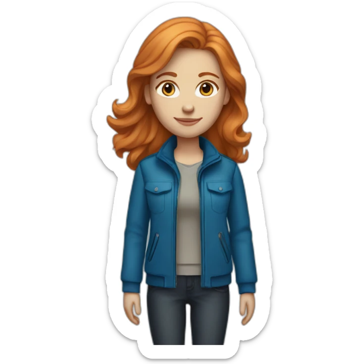 Straight, ginger hair and blue eyes woman with a Canadian jacket sticker