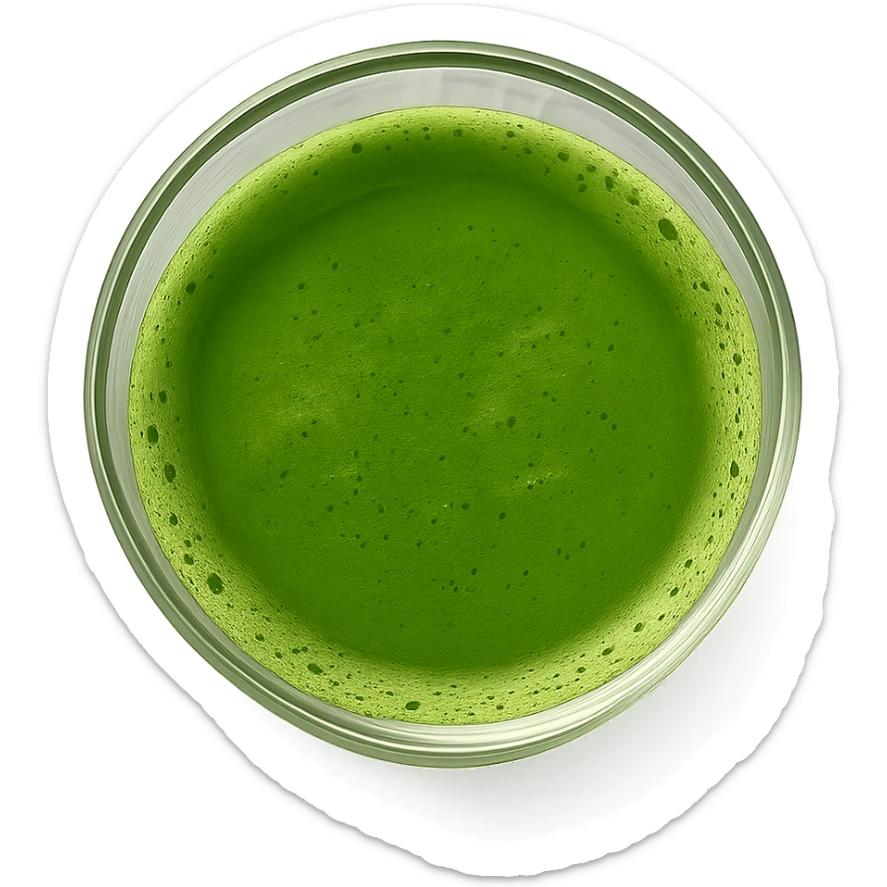 a clear glass of matcha tea, top-down view, bright green tea, transparent glass, clean look sticker