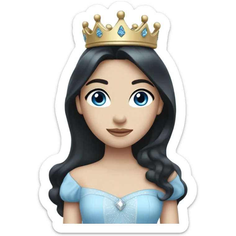 Princess with long black hair, blue eye, and pale skin wearing a light blue dress and crown sticker