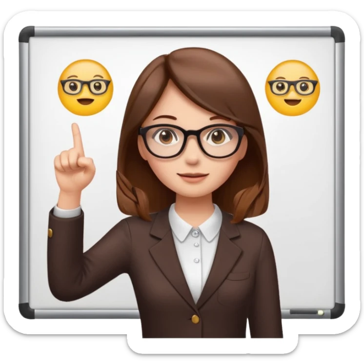 Make an emoji of a girl with brown hair who is teaching how to make emojis on a board pointing to the board like a teacher sticker