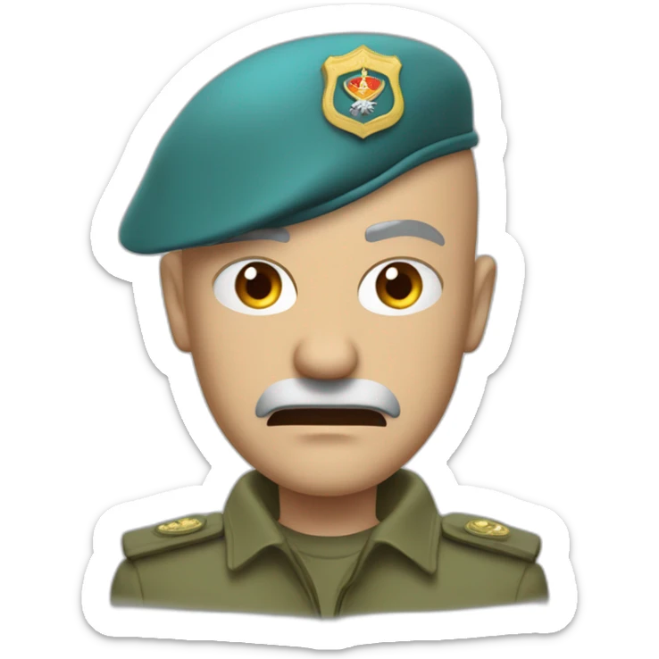 Hight detail cyan beret bald angry 50 years old man no hair furious very angry frown with khaki idf uniform sticker
