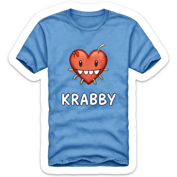 Blue shirt with the text I love KRABBY. And the shirt has holes sticker