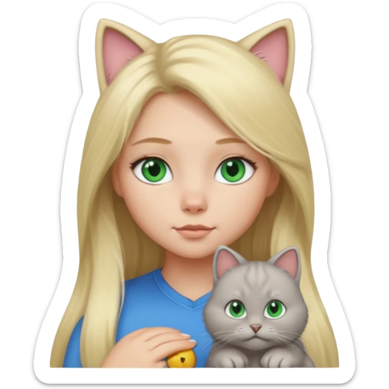 blonde girl with long blonde hair and blue eyes with chubby gray cat sticker