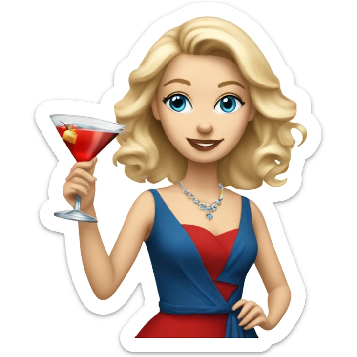 Beautiful blonde white woman with blue eyes and red dress dancing with martini sticker