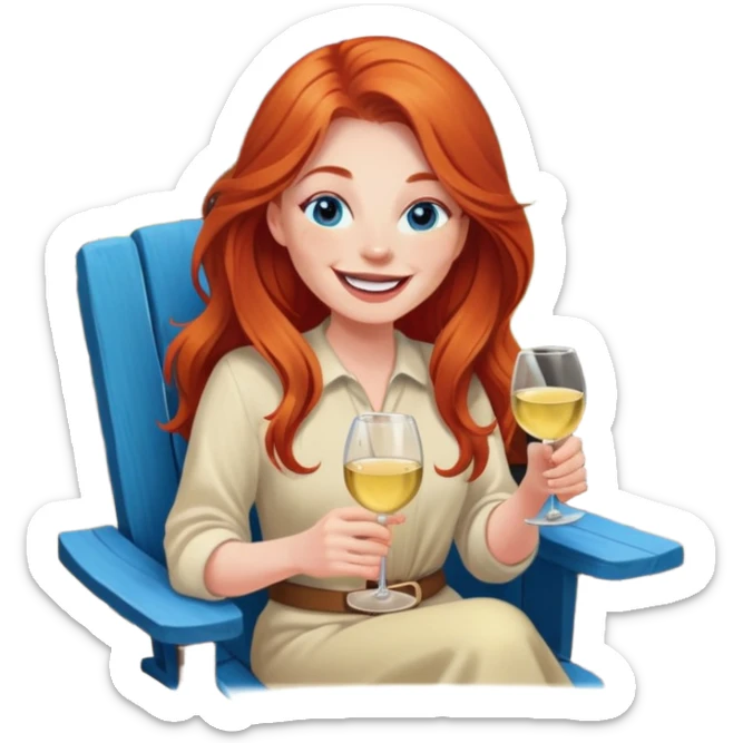 Laughing redhead with long hair and blue eyes holding white wine sitting in chair beside fire pit sticker