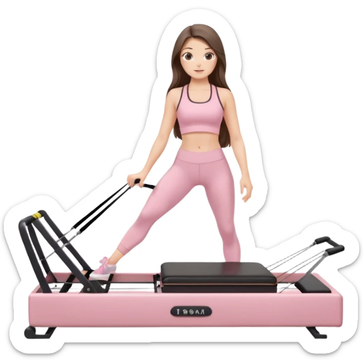 pretty white brunette teen long hair with hazel eyes and a small waist in light pink workout clothes on a pilates reformer sticker