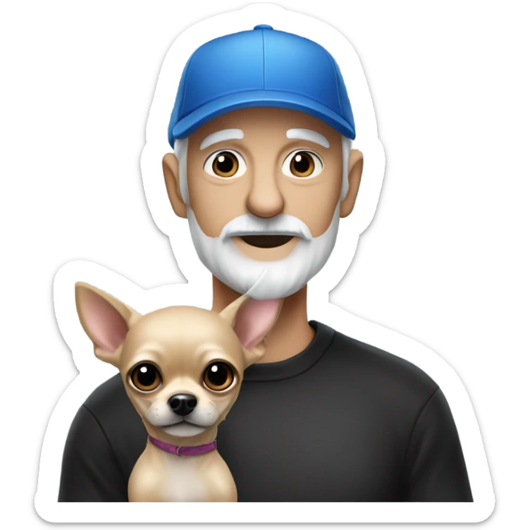 Old man with blue eyes goatee beard ball cap and holds cute black long fur Chihuahua sticker