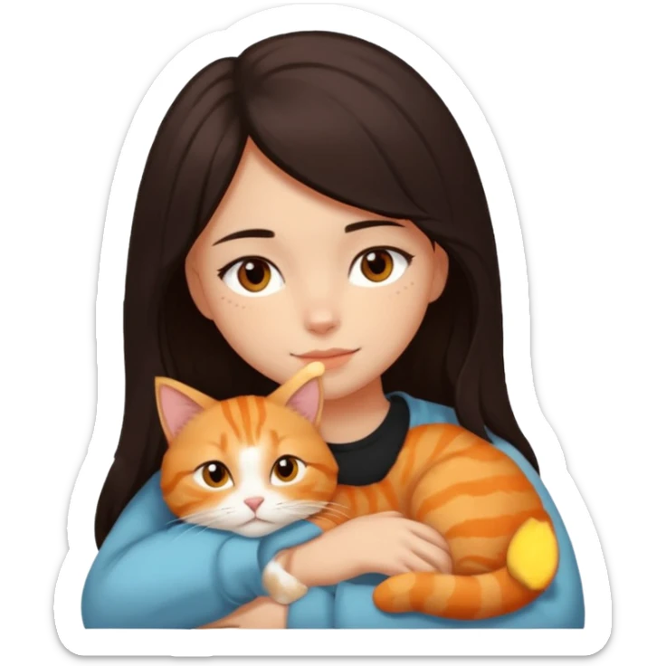 dark-black-brown-hair-to-shoulder girl with brown eyes snuggled with orange tabby cat sticker
