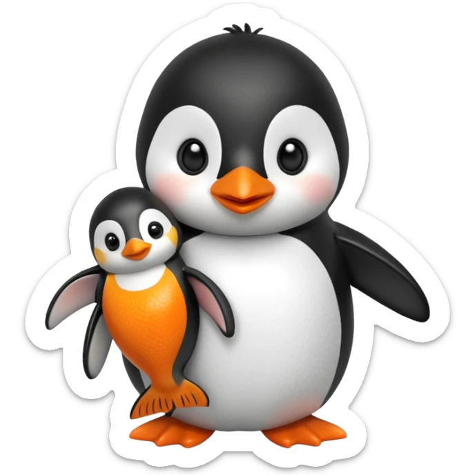A cute penguin doll holding an orange fish doll in its hands.
A house of ice behind it. sticker