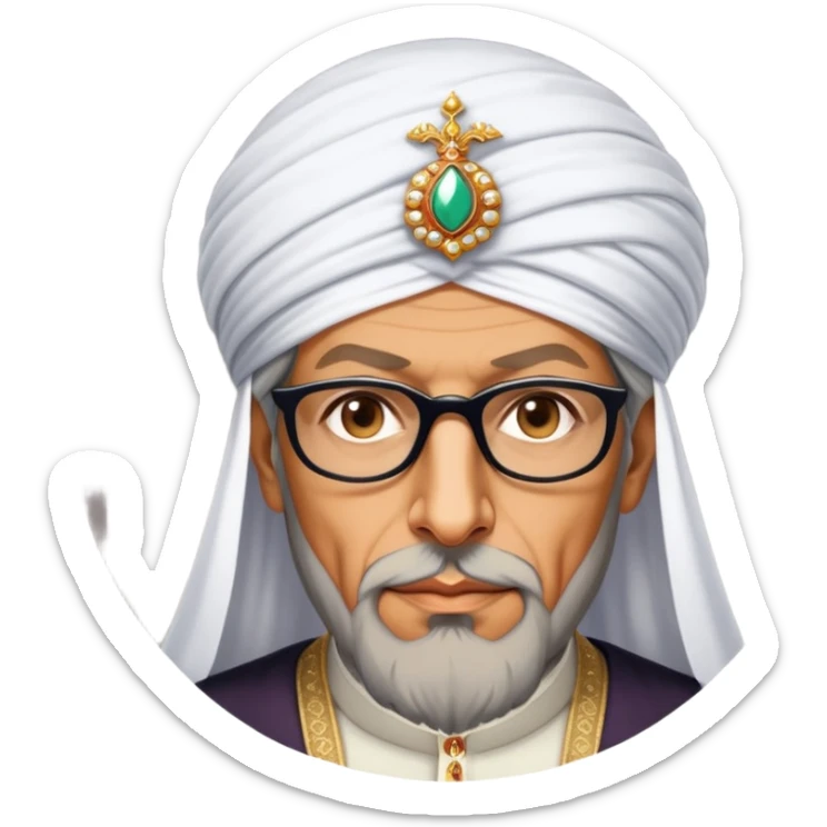 Jeff Goldblum no glasses as a regal portrait dressed as suleiman-the-magnificent,-depicted-as-a-regal-ottoman-sultan-adorned-with-a-large,-white,-round,-tall-turban-and-a-majestic-grey-beard,-his-commanding-gaze-bathed-in-warm,-historic-lighting-that-exudes-time with a large beard **no glasses** sticker