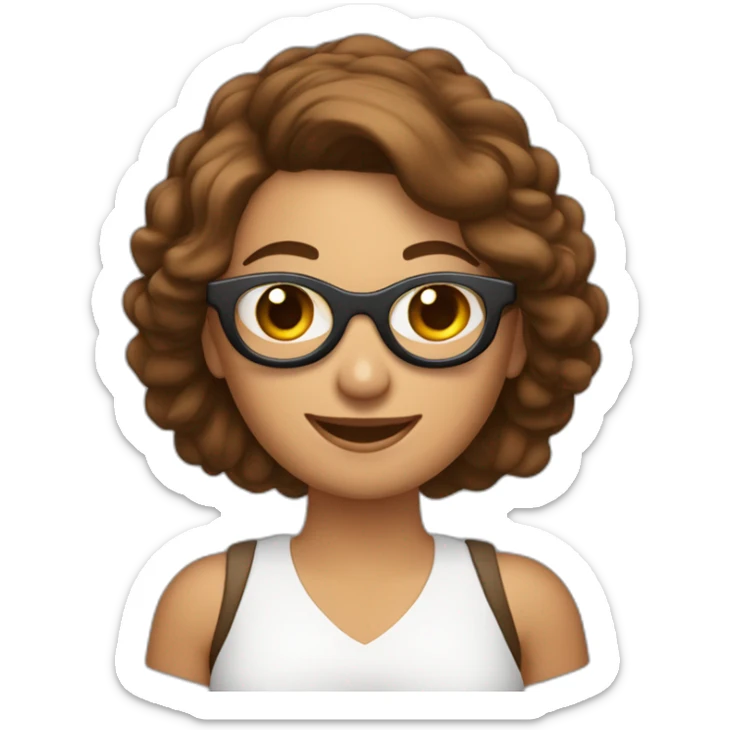 mujer feliz con piel blanca con gafas cabello en el hombro y de color marron con un computador en la mano sticker